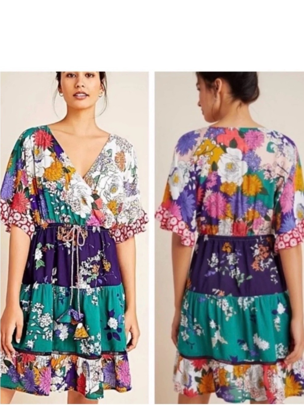 Anthropologie Multicolor Floral Mix V-Neck Dress NWOT